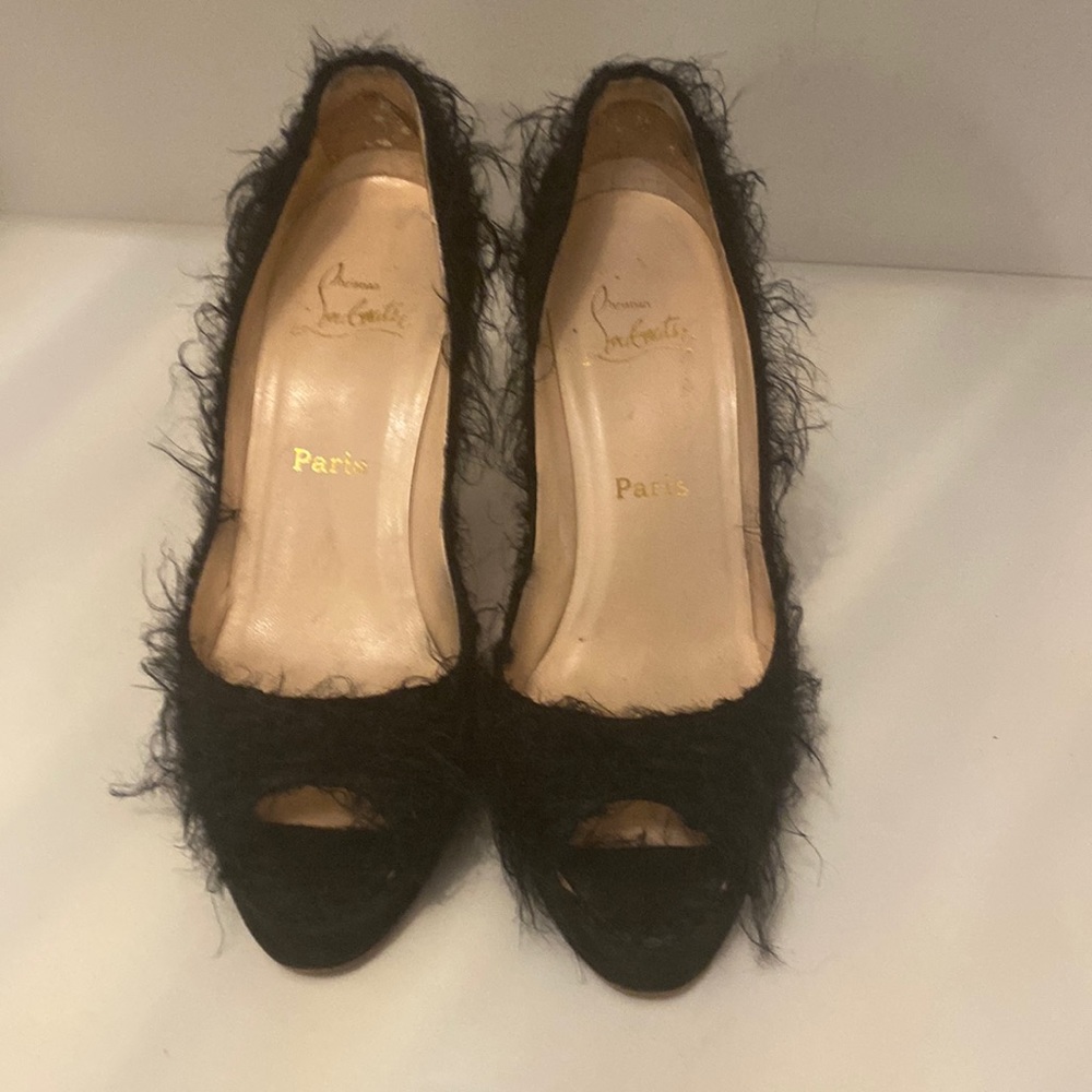 Christian Louboutin Black Fuzzy Open Toe Pumps - image 1